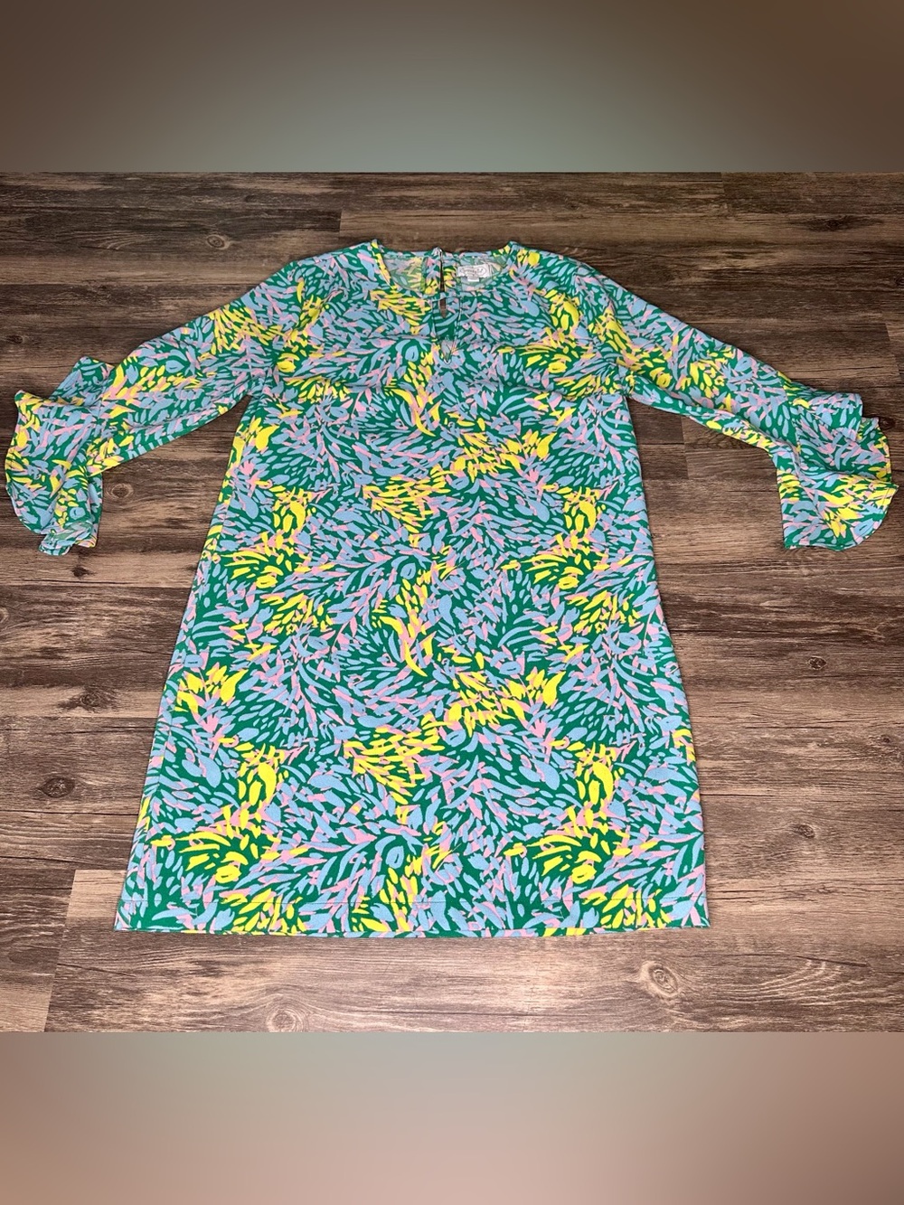 Mud Pie Dress Womens Small Green Floral Print Bell Ruffle Sleeve Shift Mini
